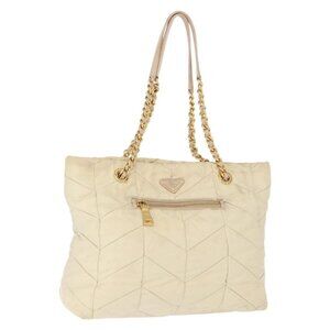 PRADA Chain Tote Bag Nylon Ivory Gold Auth 150390